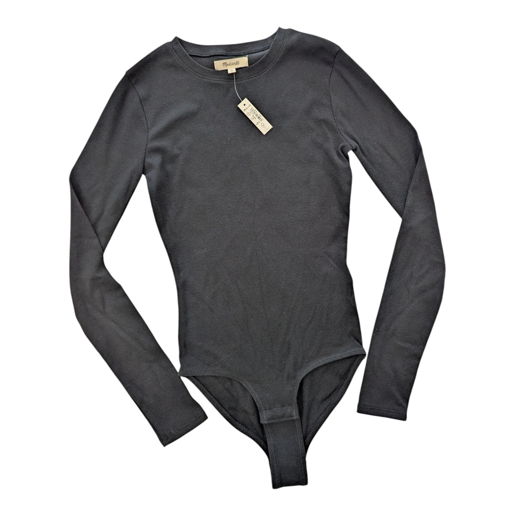 Madewell Black Bodysuit Top Long Sleeve Ribbed Crewneck Size XS